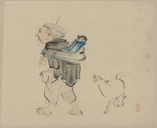 Zeshin Shibata. Public domain. Supposedly a dog barking at a monkey trainer, but I say it's barking at the monkey, and I'm not at all sure it's a dog. Don't you think it looks more like a tiny horse? A tiny barking horse?